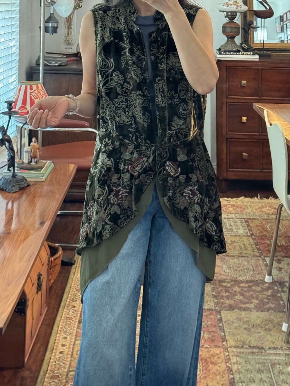 John Mark Olive Green Velvet Floral Sleeveless Tunic Vest Layered Chiffon Boho L
